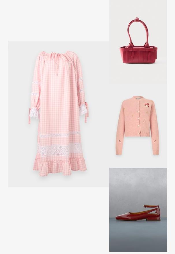 Cardigan rose en maille avec boutons sur le devant, orné de petits champignons rouges et blancs brodés ainsi que de détails jaunes en forme d'étoiles sur les manches et la poitrine.; Nuisette en gingham rose et blanc avec manches longues bouffantes, bordure en dentelle aux manches et à l'ourlet, et détail à volants en bas.; Ballerine plate rouge brillante avec bride à la cheville flottant au-dessus d'un bloc de bois et d'une surface extérieure en galets, arbuste vert flou et pierre en arrière-plan.; Sac à main en cuir rouge avec deux poignées supérieures, nœuds décoratifs à l'avant et une étiquette sur le côté, sur fond blanc.