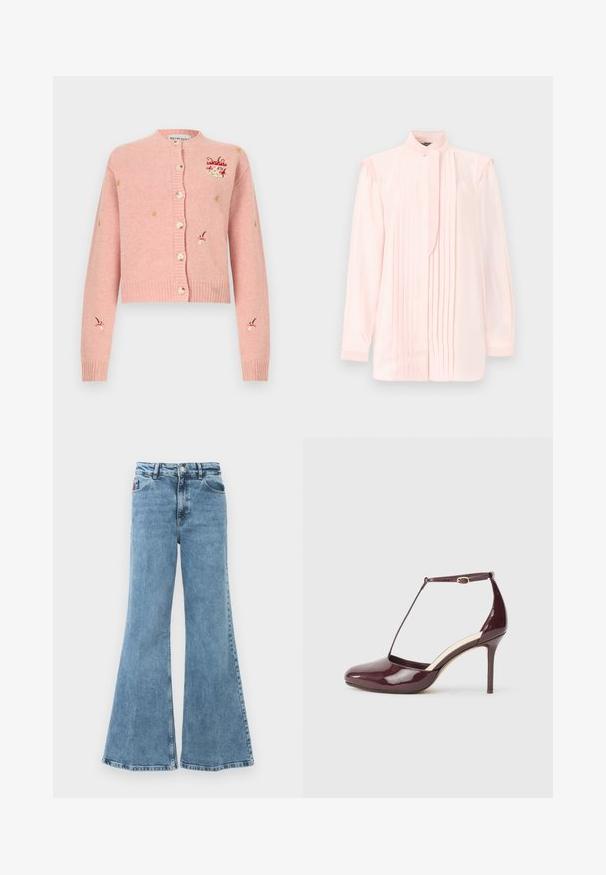 Cardigan rose en maille avec boutons sur le devant, orné de petits champignons rouges et blancs brodés ainsi que de détails jaunes en forme d'étoiles sur les manches et la poitrine.; Blouse rose clair à manches longues avec des plis verticaux sur le devant, col haut avec bouton, et des détails subtils de fronces aux épaules.; Jean en denim bleu évasé avec une taille haute. Comprend cinq poches, un tissu léger et un délavage vieilli avec une texture lisse.; Chaussure à talon haut en cuir verni bordeaux avec bout pointu, boucle sur la bride de cheville et détail de bride en T sur fond neutre.