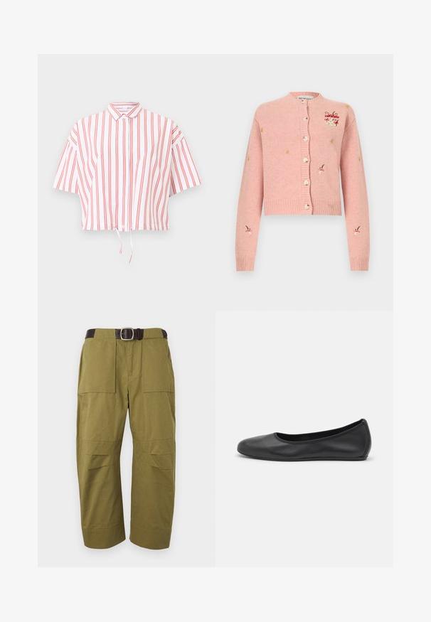 Cardigan rose en maille avec boutons sur le devant, orné de petits champignons rouges et blancs brodés ainsi que de détails jaunes en forme d'étoiles sur les manches et la poitrine.; Chemise blanche à manches courtes avec des rayures rouges verticales, boutonnage sur le devant, col et cordon de serrage à l'ourlet.; Pantalon large vert olive avec grandes poches plaquées à l'avant et ceinture en cuir marron foncé avec boucle argentée.; Ballerines en cuir noir avec un bout rond, texture lisse, détails de couture minimalistes et design de semelle flexible.