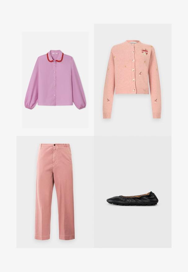 Cardigan rose en maille avec boutons sur le devant, orné de petits champignons rouges et blancs brodés ainsi que de détails jaunes en forme d'étoiles sur les manches et la poitrine.; Blouse rose avec un col brodé rouge, manches longues avec poignets élastiques et fermeture boutonnée sur le devant. Tissu lisse, coupe décontractée.; Pantalon droit rose avec fermeture à bouton et à zip, passants de ceinture et poches latérales sur fond blanc uni.; Ballerines en cuir noir avec des détails froncés au col, bout rond et semelle en caoutchouc flexible. Texture lisse dans l'ensemble.