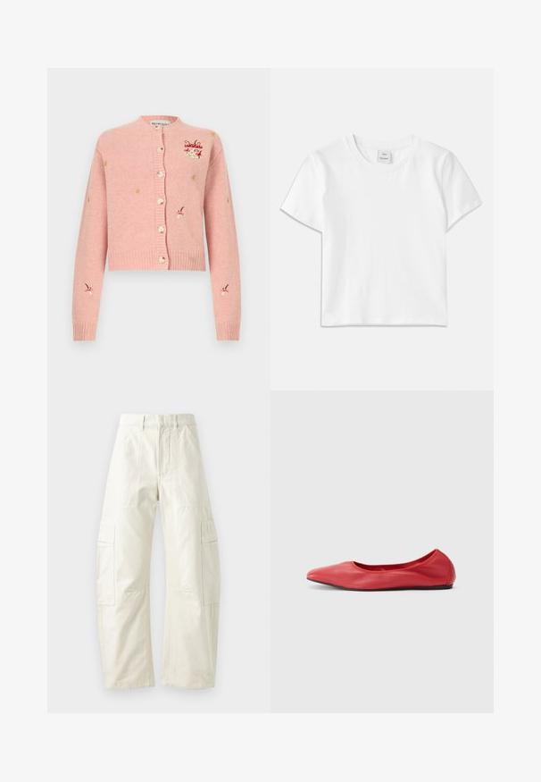Rosa Strickjacke mit vorderen Knöpfen, verziert mit kleinen, bestickten roten und weißen Pilzen sowie gelben sternähnlichen Details an Ärmeln und Brust.; Weißes Baumwoll-T-Shirt mit Rundhalsausschnitt, kurzen Ärmeln und geradem Saum. Etikett mit der Aufschrift "Won Hundred" an der Mitte des Ausschnitts.; Beige Cargo-Hosen in lockerer Passform mit mehreren aufgesetzten Taschen, einem Reißverschluss und einer strukturierten Oberfläche. Aus strapazierfähigem Baumwollmaterial gefertigt.; Filippa K REY FLATS - Klassischer Ballerina - bright red