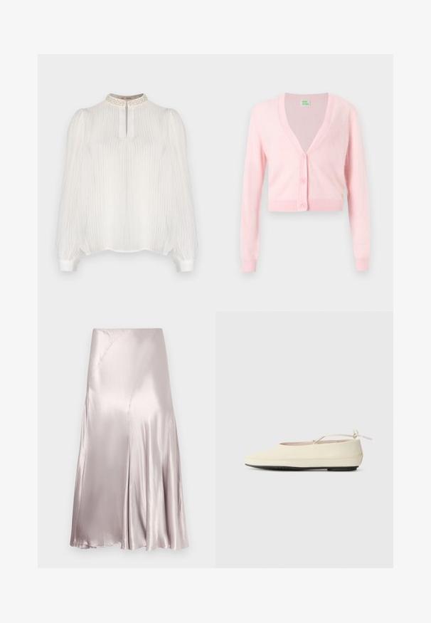 Lyserød cropped cardigan med lange ærmer, V-hals og tre matchende knapper ned foran på en ensfarvet hvid baggrund.; Hvid bluse med lodrette striber, høj halsudskæring prydet med strukturerede detaljer og lange puffede ærmer, der ender i tætsiddende manchetter.; Skinnende lys lavendelfarvet satin midi-nederdel med A-formet silhuet og subtile buede panelsømme.; Cremefarvede flade sko med rund tå, ankelrem og kontrasterende sort gummisål. Glat materiale med minimal detaljer.