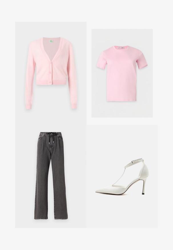 Lyserød cropped cardigan med lange ærmer, V-hals og tre matchende knapper ned foran på en ensfarvet hvid baggrund.; Ensfarvet lyserød T-shirt med korte ærmer, rund halsudskæring og synligt mærke inde i kraven.; Løsgribede grå denim bukser med snoretræk i taljen og forlommer, fremstillet af blød, robust bomuldsstof.; Hvid spids højhælet sko med tynd ankelrem og spænde, glat finish og slank stilethæl på ensfarvet baggrund.