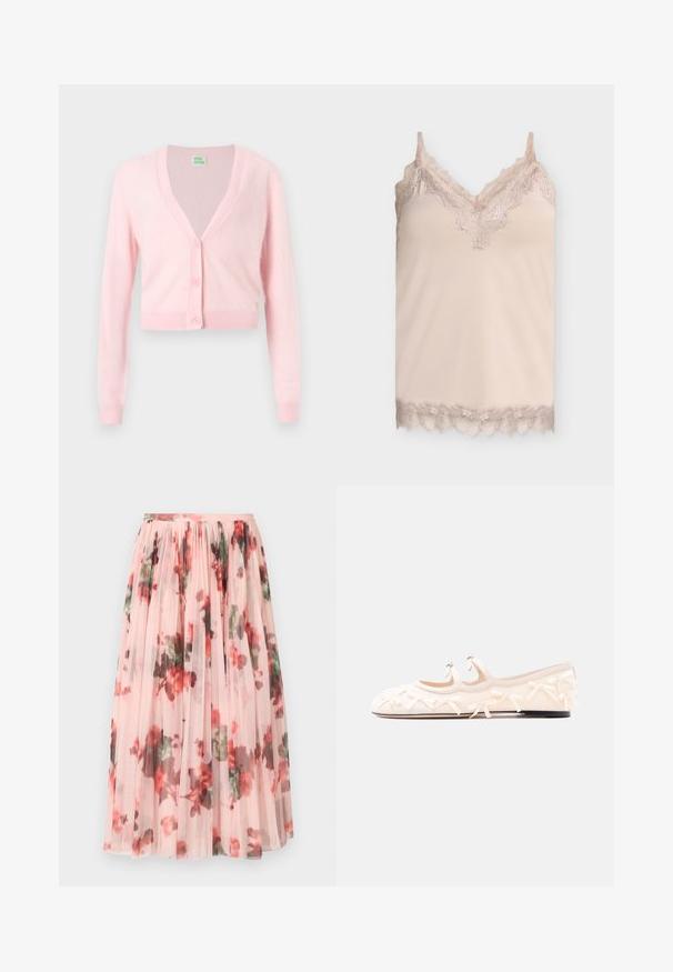 Lichtroze, cropped vest met lange mouwen, V-hals en drie bijpassende knopen aan de voorkant op een effen witte achtergrond.; Beige zijden cami met kanten rand langs de V-halslijn, bandjes en zoom op een effen lichtgrijze achtergrond.; Tule rok met een zachte roze basis, met een bloemenpatroon in rood en groen. De stof is doorschijnend met geplooide fronsen aan de tailleband.; Plat crèmekleurig schoentje met twee banden, versierd met kleine strikjes, en een zwarte zool op een effen witte achtergrond.