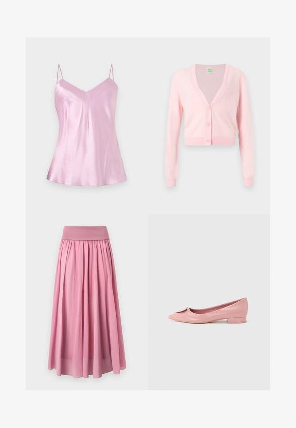 Cardigan court rose clair à manches longues, encolure en V, avec trois boutons assortis sur le devant, sur un fond blanc uni.; Camisole en satin rose clair avec fines bretelles spaghetti réglables et un léger décolleté en V, présenté sur un fond blanc uni.; Longue jupe rose en tissu doux avec une large ceinture élastique et un design plissé, caractérisée par une texture fluide et légère.; Ballerine plate en cuir verni rose avec bout pointu, ornée d'un petit nœud sur le cou-de-pied et un talon carré bas.