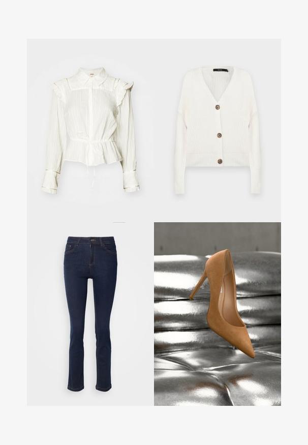 Witte gebreide cardigan met lange mouwen, v-hals en vijf bruine knopen aan de voorkant; heeft ribgebreide manchetten en zoom. Gelaagd stof.; Witte blouse met lange mouwen, rimpeldetails op de schouders, een knoopsluiting aan de voorkant, een peplum taille en strikdetail. Beschikt over een textuur, licht gekreukt stof.; Donkerblauwe denim jeans met een slim fit, middelhoge taille, vijf zakken en contrasterende stiksels. De stof heeft een gladde, licht gestructureerde afwerking.; Lichtbruine suède pump met hoge hak die boven een glanzend zilveren gestikte leren oppervlak zweeft, schuin geplaatst om de zijkant en de binnenzool te tonen.