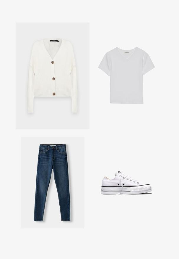 Witte gebreide cardigan met lange mouwen, v-hals en vijf bruine knopen aan de voorkant; heeft ribgebreide manchetten en zoom. Gelaagd stof.; Witte T-shirt met korte mouwen en V-hals, gemaakt van ribbelstof. Heeft een strakke ontwerp met een rechte zoom en minimale details.; Donkerblauwe denim skinny jeans met een klassiek vijf-pocket ontwerp, versterkte stiksels en een knoopsluiting. Gladde textuur, geen patronen.; Witte lage canvas sneaker met witte veters, zwarte strepen op de zool en een rubberen, getextureerde neuskap, zijaanzicht op een witte achtergrond.