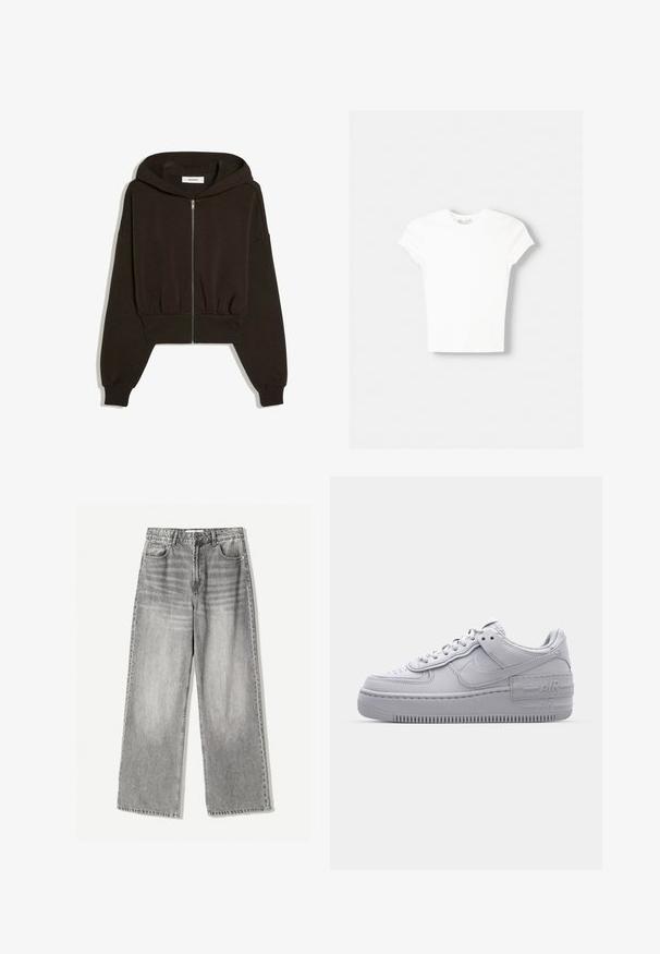 Sort cropped hættejakke med lynlås, lange ærmer, ribkant ved manchetter og linning, vist fladt mod en hvid baggrund.; Hvid kortærmet t-shirt lavet af blød bomuld, med rund halsudskæring og en tætsiddende form. Ingen synlige mønstre eller udsmykninger.; VIDEAJEANS i falmet sort denim med høj talje, der har fem lomme design og kontrasterende syning for tekstur.; Grå Nike Air Force 1 sneakers med perforeret tå, glat læderoverdel, tyk sål og præget 'AIR' detalje på hælen.