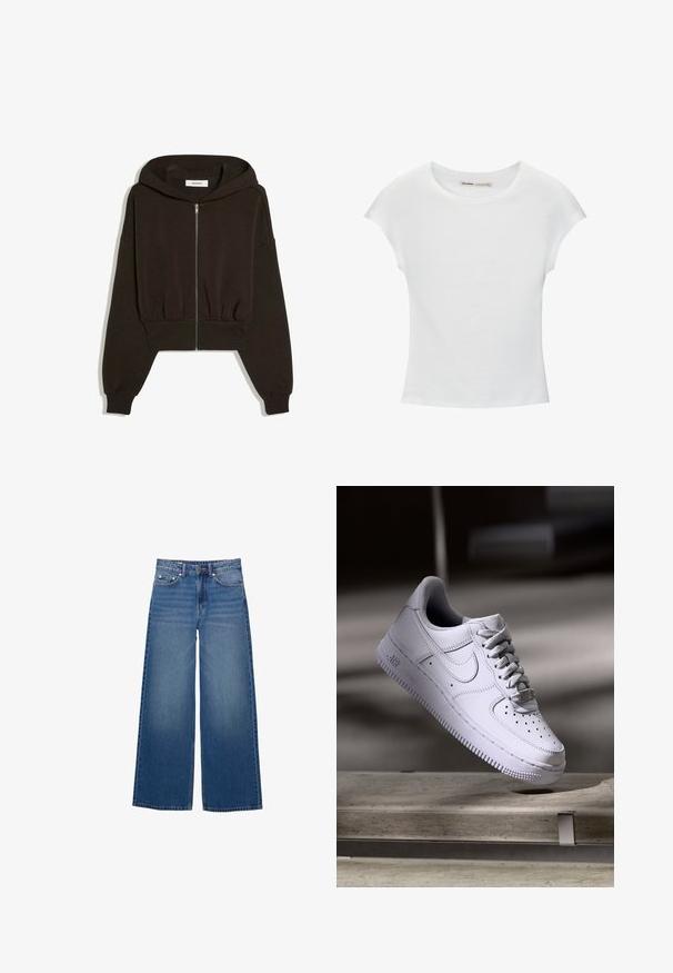 Sweat à capuche court noir zippé avec manches longues, poignets et ceinture côtelés, présenté à plat sur fond blanc.; T-shirt en coton blanc avec manches courtes retroussées, encolure ronde et ourlet droit. Texture lisse sans motifs ni accents visibles.; Jean en denim à jambes larges, de couleur bleu moyen, avec une taille haute, un design à cinq poches et des détails cousus le long des coutures.; Baskets Nike Air Force 1 blanches lévitant au-dessus d'une surface en béton avec des ombres dans un cadre minimaliste.