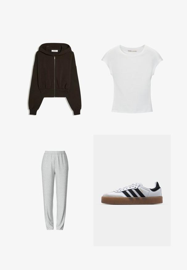 Zwarte cropped hoodie met ritssluiting, lange mouwen, geribde boorden en tailleband, plat afgebeeld tegen een witte achtergrond.; Witte katoenen T-shirt met korte, opgerolde mouwen, een ronde halslijn en een rechte zoom. Gladde textuur zonder zichtbare patronen of accenten.; Grijze sweatpants met een elastische tailleband, taps toelopend ontwerp, zachte textuur en zonder zichtbare patronen of hardwaredetails.; Witte leren sneakers met zwarte strepen, gumrubberen buitenzool, ronde neus, vetersluiting en een zachte grijze suède neuskap.
