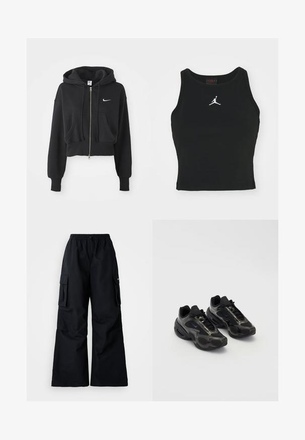 Sudadera negra recortada hecha de una mezcla de algodón, con cremallera frontal, dos bolsillos, capucha ajustable y un logo de Nike en blanco en el pecho.; Top ajustado negro de algodón, con un escote redondo y un logo de Jordan blanco bordado en el centro del frente. Textura suave.; Pantalones cargo negros de pierna ancha, con cinturilla elástica, cordón ajustable y dos bolsillos laterales. Hechos de un tejido suave y ligero.; Zapatos deportivos negros con material sintético, acentos de malla y suelas redondeadas. Presenta un sistema de cordones y un destacado logo de Nike en la lengüeta.
