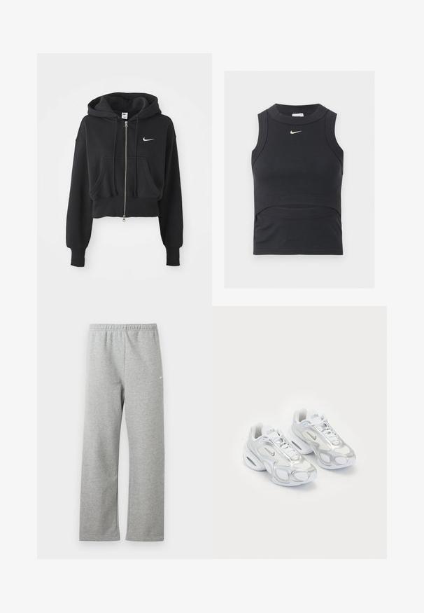 Sudadera negra recortada hecha de una mezcla de algodón, con cremallera frontal, dos bolsillos, capucha ajustable y un logo de Nike en blanco en el pecho.; Top deportivo negro sin mangas, corto, con textura de canalé y logo blanco de Nike swoosh en el pecho.; Pantalones deportivos gris claro con cintura elástica y un pequeño logo blanco de Nike en la parte superior del muslo, mostrados planos sobre un fondo blanco.; Zapatillas deportivas blancas con parte superior de malla y acentos plateados, una forma única y amortiguación de aire en el talón. Diseño con cordones y logotipo.