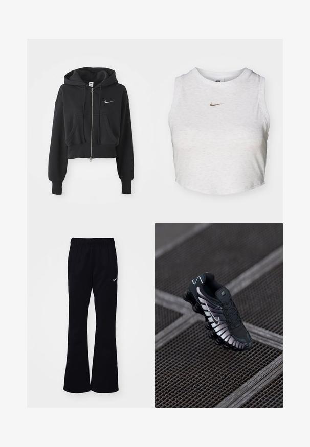 Sudadera negra recortada hecha de una mezcla de algodón, con cremallera frontal, dos bolsillos, capucha ajustable y un logo de Nike en blanco en el pecho.; Top corto blanco hecho de una tela suave y texturizada. Presenta un cuello redondo y un diseño sin mangas, con un pequeño logotipo dorado de Nike en la parte delantera.; Pantalones de chándal negros con una cinturilla elástica, perneras acampanadas, dos bolsillos laterales y un logo de Nike en blanco en el lado izquierdo.; Zapatilla deportiva negra con parte superior de malla texturizada, acentos plateados, soporte para el arco y suela acolchada con un diseño segmentado distintivo.