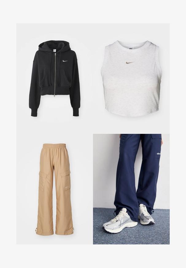 Sudadera negra recortada hecha de una mezcla de algodón, con cremallera frontal, dos bolsillos, capucha ajustable y un logo de Nike en blanco en el pecho.; Top corto blanco hecho de una tela suave y texturizada. Presenta un cuello redondo y un diseño sin mangas, con un pequeño logotipo dorado de Nike en la parte delantera.; Nike Sportswear TREND - Pantalones cargo - hemp; Zapatillas deportivas Nike con parte superior de malla plateada, acentos blancos y suelas texturizadas, combinadas con pantalones azul marino de corte holgado.