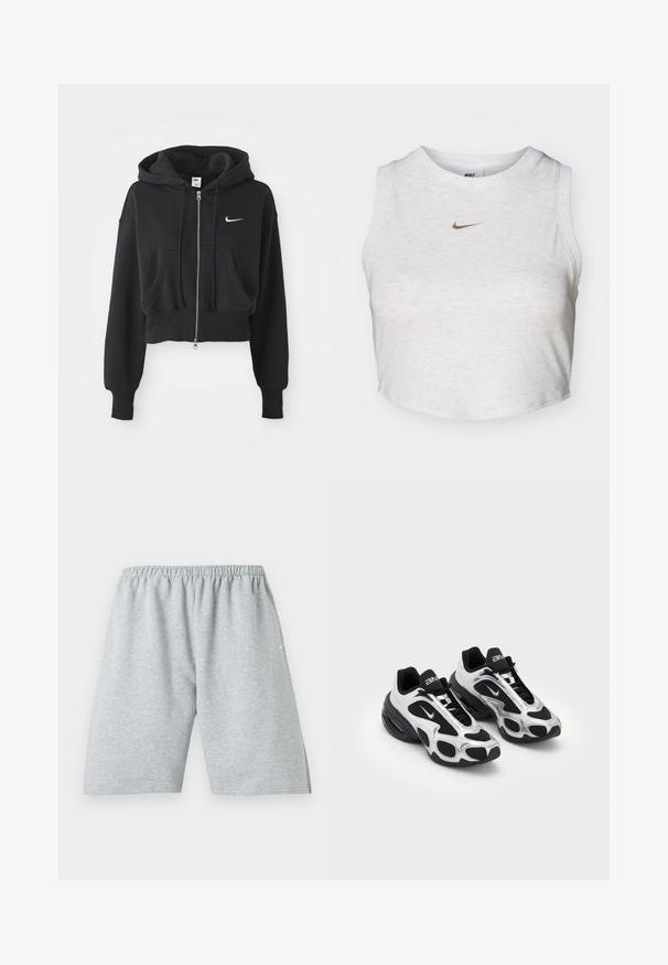 Sudadera negra recortada hecha de una mezcla de algodón, con cremallera frontal, dos bolsillos, capucha ajustable y un logo de Nike en blanco en el pecho.; Top corto blanco hecho de una tela suave y texturizada. Presenta un cuello redondo y un diseño sin mangas, con un pequeño logotipo dorado de Nike en la parte delantera.; Pantalones cortos deportivos hasta la rodilla de color gris claro con cintura elástica y pequeño logo blanco en la pierna izquierda.; Zapatos deportivos negros y plateados con parte superior de malla y sintético, que presentan un diseño ondulante distintivo y un collar acolchado, con amortiguación de aire en la suela.
