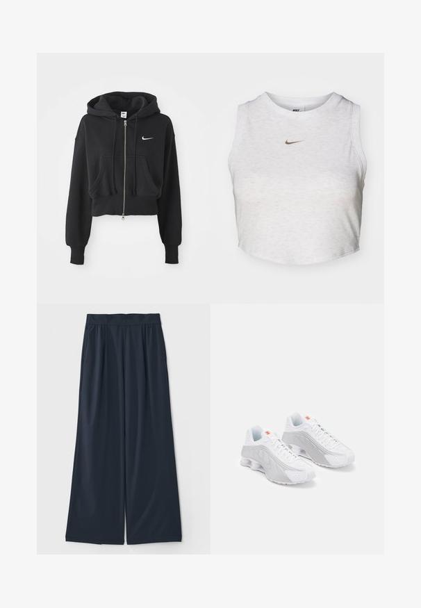 Sudadera negra recortada hecha de una mezcla de algodón, con cremallera frontal, dos bolsillos, capucha ajustable y un logo de Nike en blanco en el pecho.; Top corto blanco hecho de una tela suave y texturizada. Presenta un cuello redondo y un diseño sin mangas, con un pequeño logotipo dorado de Nike en la parte delantera.; Pantalones de pierna ancha en un azul marino oscuro, elaborados en una tela suave; cuentan con una cinturilla elástica y dos bolsillos laterales para mayor comodidad.; Zapatillas deportivas blancas con acentos grises, que cuentan con un Upper texturizado, perforaciones para ventilación y un talón segmentado para amortiguación.