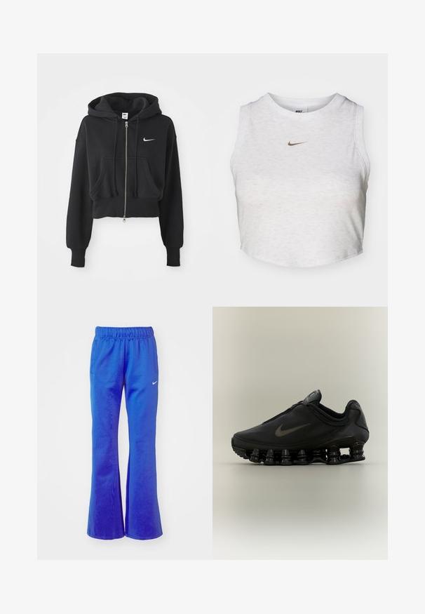 Sudadera negra recortada hecha de una mezcla de algodón, con cremallera frontal, dos bolsillos, capucha ajustable y un logo de Nike en blanco en el pecho.; Top corto blanco hecho de una tela suave y texturizada. Presenta un cuello redondo y un diseño sin mangas, con un pequeño logotipo dorado de Nike en la parte delantera.; Pantalones deportivos acampanados en azul brillante, con cintura elástica, dos bolsillos laterales y un pequeño logotipo blanco en la parte delantera.; Zapatilla negra Nike con parte superior con cremallera y suela distintiva segmentada en forma de resorte, mostrada de perfil sobre un fondo neutro.
