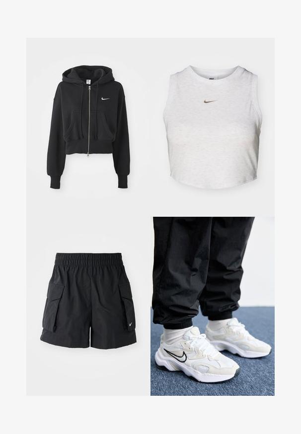 Sudadera negra recortada hecha de una mezcla de algodón, con cremallera frontal, dos bolsillos, capucha ajustable y un logo de Nike en blanco en el pecho.; Top corto blanco hecho de una tela suave y texturizada. Presenta un cuello redondo y un diseño sin mangas, con un pequeño logotipo dorado de Nike en la parte delantera.; Pantalones cortos cargo negros hechos de tejido ligero, con una cintura elástica, dos bolsillos laterales y un pequeño logo blanco en el dobladillo.; Zapatillas deportivas blancas y de un gris claro con un upper texturizado, suela gruesa y logo Swoosh negro. Combinadas con pantalones jogger negros y calcetines blancos.