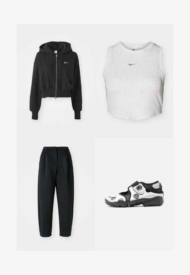 Sudadera negra recortada hecha de una mezcla de algodón, con cremallera frontal, dos bolsillos, capucha ajustable y un logo de Nike en blanco en el pecho.; Top corto blanco hecho de una tela suave y texturizada. Presenta un cuello redondo y un diseño sin mangas, con un pequeño logotipo dorado de Nike en la parte delantera.; Pantalones negros hechos de una tela suave, con una cinturilla ajustada, frente con pliegues y pierna entallada con dobladillos.}}; Zapatilla deportiva tipo slip-on en blanco y negro con grandes lunares, tira ajustable y suela gruesa y acolchada marcada con "AIR".