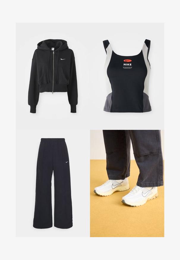Sudadera negra recortada hecha de una mezcla de algodón, con cremallera frontal, dos bolsillos, capucha ajustable y un logo de Nike en blanco en el pecho.; Camiseta deportiva negra y gris con escote redondo, tirantes estrechos y un logotipo de Nike naranja en el centro impreso en la parte delantera.; Pantalones de pierna ancha negros con una cintura elástica y un pequeño logo blanco de Nike. La tela tiene una textura suave, diseñada para la comodidad y el uso casual.; Zapatillas deportivas blancas con materiales de malla y sintéticos, con un logo gris, suela texturizada y acentos beige, combinadas con pantalones oscuros.