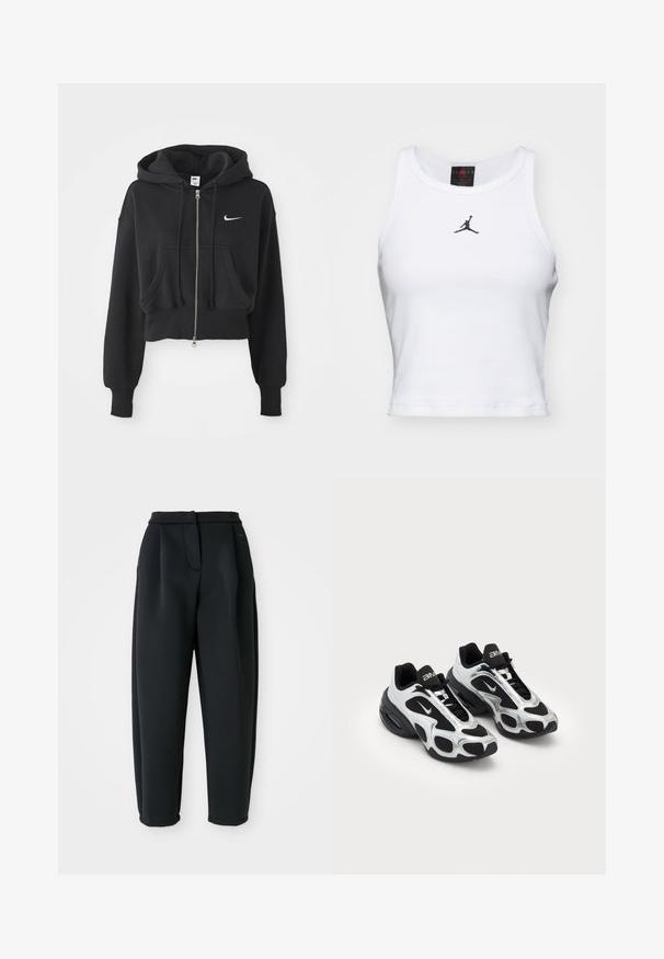 Sudadera negra recortada hecha de una mezcla de algodón, con cremallera frontal, dos bolsillos, capucha ajustable y un logo de Nike en blanco en el pecho.; Top corto blanco de algodón con textura acanalada. Cuenta con un logo negro de Jordan en el centro y un clásico escote redondo.; Pantalones negros hechos de una tela suave, con una cinturilla ajustada, frente con pliegues y pierna entallada con dobladillos.}}; Zapatos deportivos negros y plateados con parte superior de malla y sintético, que presentan un diseño ondulante distintivo y un collar acolchado, con amortiguación de aire en la suela.