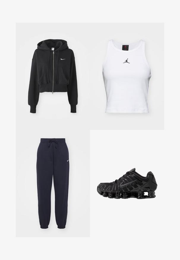 Lühi must puhvka, mis on valmistatud puuvilla segust, ees lukuga, kahe tasku, reguleeritava kapuutsiga ja valge Nike logo rinnal.; Valge lühike puuvillane tank top ribakangast. Keskel on must Jordan'i logo ja klassikaline ümar kaelus.; Nike sweatpants tumesin sinises, valmistatud pehmest materjalist. Omavad elastset vööd, millel on nöör ja kummist sääreotsad. Väike valge logo aktsent.; Must mustusjalats, millel on võrkmaterjalist ülemine osa ja läikivad kattekihtide detailid. Omab kaardus spiraallöögi pehmendust ning tekstuuriga jooni küljel. Nähtav Nike logo.