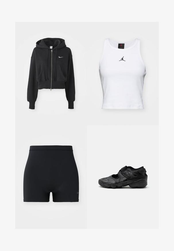 Lühi must puhvka, mis on valmistatud puuvilla segust, ees lukuga, kahe tasku, reguleeritava kapuutsiga ja valge Nike logo rinnal.; Valge lühike puuvillane tank top ribakangast. Keskel on must Jordan'i logo ja klassikaline ümar kaelus.; Must mustad mustreid, elastne mustad spordilühikesed, millel on keskmise kõrgusega vöökoht ja väike Nike logo vasakul küljel.; Mustad sportlikud sandaalid suletud varbaga, takjakinnitused sääre keskosas ja kandadel ning paks pehmendusega tald, millel külgmisel küljel kiri "AIR".