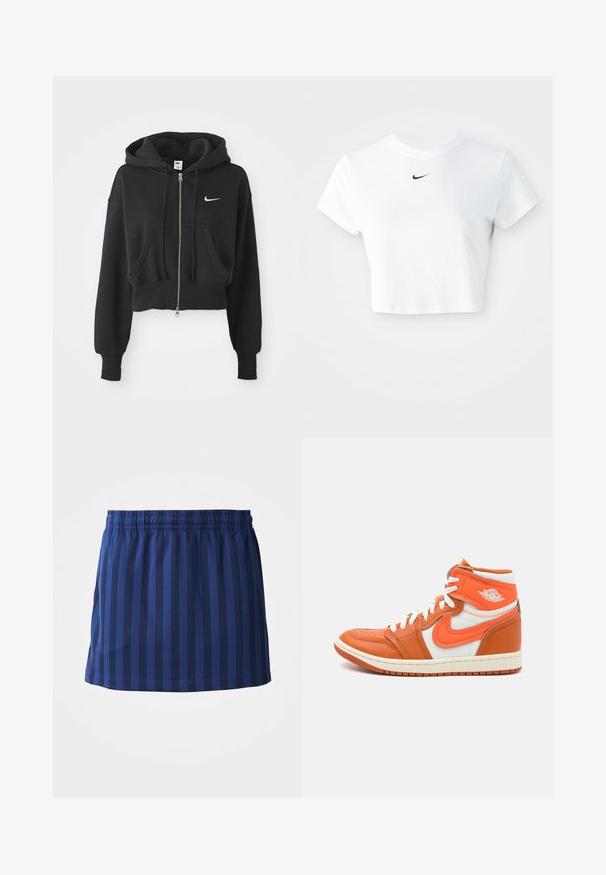 Lyhennetty musta huppari, joka on valmistettu puuvillasekoitteesta, ja siinä on edessä vetoketju, kaksi taskua, nyörillinen huppu sekä valkoinen Nike-logo rinnassa.; Valkoinen lyhythihainen puuvillapaita, jossa on pyöreä kaula-aukko ja musta Nike-logo rinnassa.; Tummansininen hame, jossa on pystysuorat raidat, elastinen vyötärö, hartialle saakka ulottuva pituus, valmistettu kevyestä kankaasta, sileä rakenne.; Korkeat tennarit, joissa on oranssia nahkaa ja valkoisia tekstiilipaneeleja, kumipohja ja näkyvä logotieto sivussa.