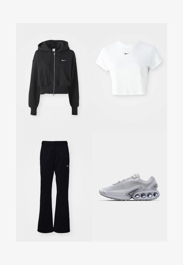Korthvid sweatshirt i sort af bomuldsblanding, med frontlynlås, to lommer, hætte med snøre og et hvidt Nike-logo på brystet.; Hvid kortærmet t-shirt lavet af bomuld, med korte ærmer og rund halsudskæring, og med et sort Nike-logo på brystet.; Sorte sweatpants med elastisk talje, udvidede ben, to side lommer og et hvidt Nike-logo på venstre side.; Grå mesh løbesko med en struktureret design, som har en fremtrædende grå ydersål med runde reflekterende detaljer og et rødt logo på tungen.