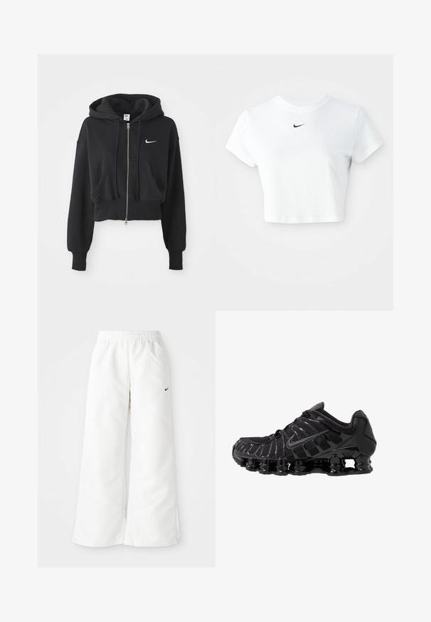 Korthvid sweatshirt i sort af bomuldsblanding, med frontlynlås, to lommer, hætte med snøre og et hvidt Nike-logo på brystet.; Hvid kortærmet t-shirt lavet af bomuld, med korte ærmer og rund halsudskæring, og med et sort Nike-logo på brystet.; Hvide atletiske bukser med et bredbenet design, elastisk talje og et lille sort Nike-logo på venstre side. Glat, let materiale.; Sort atletisk sko med mesh-overdel og glatte overlays. Har buet spiralbøsningsdæmpning og strukturerede linjer på siden. Nike-logoet er synligt.