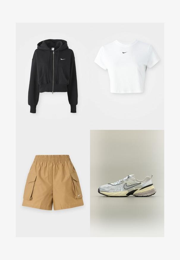 Sudadera negra recortada hecha de una mezcla de algodón, con cremallera frontal, dos bolsillos, capucha ajustable y un logo de Nike en blanco en el pecho.; Camiseta corta blanca de algodón, con mangas cortas y cuello redondo, y un logo negro de Nike en el pecho.; Bermudas de color canela con cinturilla elástica, dos bolsillos laterales y un pequeño logo blanco. Fabricadas con una tela ligera y texturizada.; Zapatilla Nike blanca y gris con parte superior de malla, logo swoosh negro, entresuela beige y suela negra sobre un fondo claro.