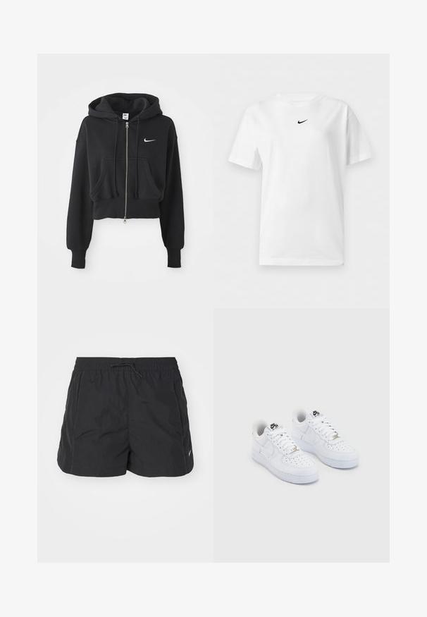 Lühi must puhvka, mis on valmistatud puuvilla segust, ees lukuga, kahe tasku, reguleeritava kapuutsiga ja valge Nike logo rinnal.; Valge lühikeste varrukatega ümarakaelusega T-särk, millel on väike must Nike Swoosh logo krae lähedal keskel.; Mustad mustad lühikesed püksid, mis on valmistatud kergest materjalist, elastse vöökaare ja paelaga, külgtaskud ja väike logoaktsent.; Valged Nike Air Force 1 sneakerid siledast nahast pealispinnaga, perforeeritud varbaosas, valged paelad ja must trükk keelel.