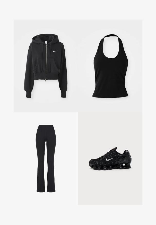 Sudadera negra recortada hecha de una mezcla de algodón, con cremallera frontal, dos bolsillos, capucha ajustable y un logo de Nike en blanco en el pecho.; Top negro tipo halter hecho de una tela suave, con un escote redondeado y una silueta ajustada, con una textura lisa y sin patrones visibles.; Pantalones de yoga negros de talle alto y ajustados con piernas acampanadas, presentados sobre un fondo blanco.; Zapatilla deportiva negra Nike con logo Swoosh plateado, parte superior de malla y material sintético, y suela acolchada segmentada distintiva.