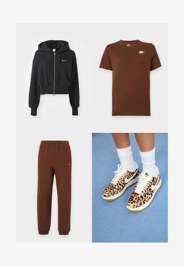Skračená čierna mikina z bavlneného zmesi, s predným zipsom, dvoma vreckami, kapucňou so šnúrkou a bielym logom Nike na hrudi.; Hnedé tričko krátky rukáv Nike s bielym logom Nike na ľavej strane hrude a okrúhlym výstrihom, zobrazené na jednoduchom pozadí.; Hnedé Nike tepláky s elastickým pásom a manžetami, s malým bielym logom Nike na hornej ľavej nohe.; Nike Air Force 1 tenisky s leopardím vzorom, biele šnúrky a logo swoosh, s hnedou gumovou podrážkou a textúrovaným vrchom. Viditeľné biele ponožky.