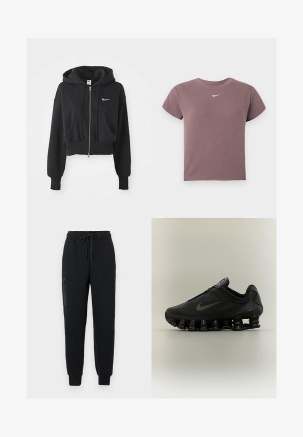 Lühi must puhvka, mis on valmistatud puuvilla segust, ees lukuga, kahe tasku, reguleeritava kapuutsiga ja valge Nike logo rinnal.; Lillakas ribaga lühikeste varrukatega lühikene topp, millel on ümar kaelus ja väike valge Nike logo, mis on paigutatud kaeluse alla keskele.; Mustad mustad teksad, millel on reguleeritav vöökoht, lukuga küljetasku ja kitsenevad varrukad. Valmistatud pehmest, tekstuuriga kangast.; Must Nike tennisejalats lukuga pealisega ja iseloomuliku kevadise jaotusega tallaga, nähtud küljelt neutraalsel taustal.
