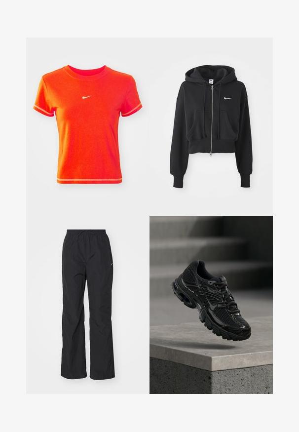 Skračená čierna mikina z bavlneného zmesi, s predným zipsom, dvoma vreckami, kapucňou so šnúrkou a bielym logom Nike na hrudi.; Červené skrátené tričko vyrobené z bavlny, s rebrovaným okrúhlym výstrihom a krátkymi rukávmi. Na prednej strane zobrazuje malé biele logo Nike.; Čierne, ľahké nohavice s elastickým pásom a šnúrkou. Majú textúrovaný povrch a malú reflexnú nášivku na boku.; Čierna bežecká topánka Nike s sieťovinovou a syntetickou vrchnou časťou vznášajúca sa nad betónovým povrchom a schodíkmi v pozadí.