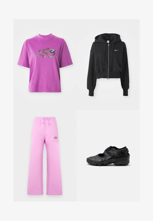 Haut à capuche noir coupé, fabriqué en mélange de coton, avec une fermeture éclair à l'avant, deux poches, une capuche à cordon de serrage et un logo Nike blanc sur la poitrine.; T-shirt violet à manches courtes avec un col haut et un design graphique de lettres stylisées "A", "C" et "9" avec des éléments floraux et épineux.; Pantalon de survêtement rose à coupe décontractée, fabriqué en matériau doux. Comprend un logo Nike brodé de couleur contrastante. Taille avec cordon de serrage.; Sandale de sport noire avec bout fermé, brides Velcro au médio-pied et au talon, et semelle épaisse et rembourrée marquée "AIR" sur le côté.