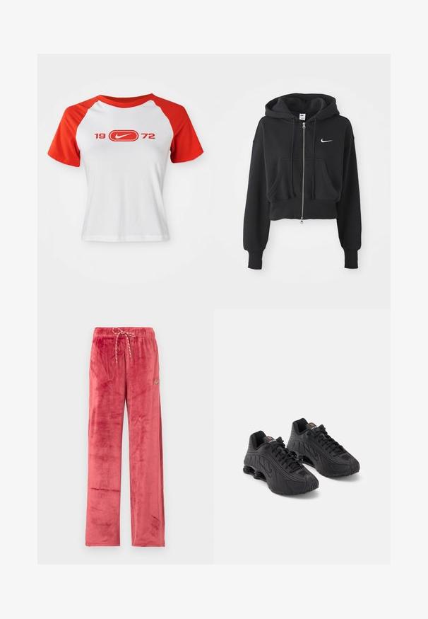 Sudadera negra recortada hecha de una mezcla de algodón, con cremallera frontal, dos bolsillos, capucha ajustable y un logo de Nike en blanco en el pecho.; Camiseta de Nike con cuerpo blanco y mangas raglán rojas. Presenta "1972" y un logo en rojo en el pecho. Fabricada con tela de jersey suave.; Pantalones anchos de terciopelo rojo con cintura ajustable mediante cordón y pequeño logo de Nike en forma de Swoosh en el muslo izquierdo, mostrados sobre un fondo liso.; Zapatillas deportivas negras con una parte superior sintética lisa, acentos texturizados, diseño de cordones y amortiguación de resorte visible en el talón.