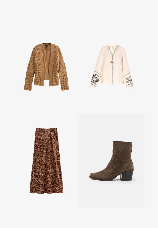 Strikket cardigan i tan, med en løs pasform, åben front og struktureret strikkemønster. Blødt materiale med lange, lige ærmer.; Cremefarvet bluse med lange, samlede ærmer. Har sort blomsterbroderi på ærmerne og en snøre-krave med frynser. Struktureret stof.; Maxi nederdel i mørk bourgogne med blomsterprint. Lavet af blødt stof, har en elastisk talje og en svajende silhuet.; Brune ruskind ankelstøvler med spids tå, sidelukning og kraftig hæl. Har en glat overflade og minimale syninger.