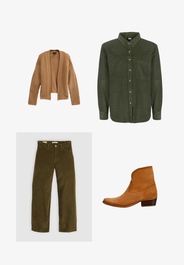 Cárdigan de punto en color beige, con un ajuste holgado, frente abierto y patrón de punto texturizado. Material suave con mangas largas y rectas.; Camisa de pana verde oliva con cuello abotonado, que presenta un bolsillo en el pecho y botones marrones en el frente. Textura suave, mangas largas.; Pantalones de pana verde oliva con un diseño de pierna recta, que cuentan con bolsillos frontales y un cierre de botones, mostrando una textura acanalada vertical.; Botín de ante marrón con parte superior curvada, puntera afilada y tacón bajo de madera; presenta un suave detalle en relieve en el costado.