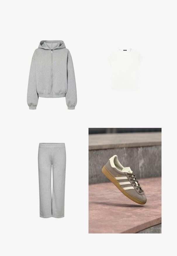 Lysegrå hættetrøje med lynlås, lange ærmer og ribkanter ved ærmer og nederst, vist på en hvid baggrund.; Hvid bomulds t-shirt med rund halsudskæring og korte ærmer. Enkel design, ingen mønstre eller accenter. Blød, glat tekstur.; Grå sweatpants med bred bendesign, blød tekstur og elastisk talje, uden synlige mønstre eller hardwaredetaljer.; Lysebrun ruskinds Adidas-sneaker med hvide striber og gummisål, svævende over lyserøde stentrapper udendørs.