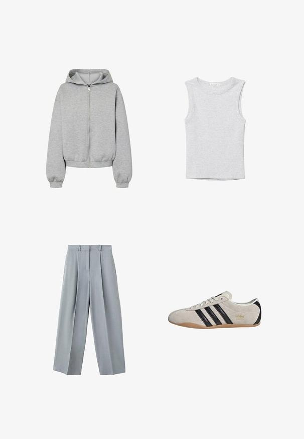 Sweat à capuche zippé gris clair avec manches longues et poignets et ourlet côtelés, présenté sur un fond blanc.; Débardeur court gris clair sans manches avec encolure ronde, en tissu tricoté doux.; Pantalon large gris clair avec plis sur le devant, passants pour ceinture et fermeture avant dissimulée.; Sneakers en suède avec un dessus gris, des rayures noires et une semelle en caoutchouc couleur gomme. Dotées d'un système de laçage et d'un détail logo doré sur le côté.