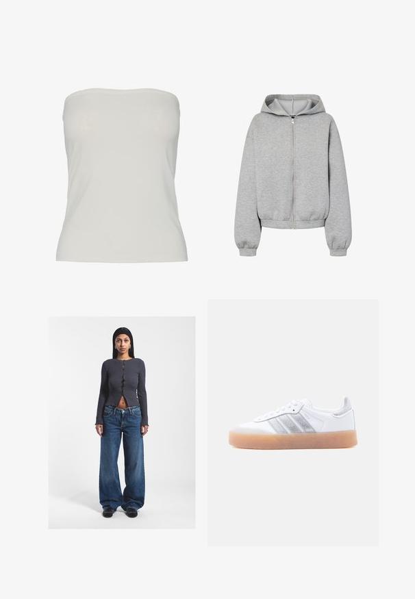Sudadera con capucha y cremallera de color gris claro, con mangas largas y puños y bajo acanalados, mostrada sobre un fondo blanco.; Top sin tirantes de tela beige claro, diseño ajustado con una textura suave, bordes sin costuras y sin patrones ni detalles de hardware visibles.; Top corto de canalé gris con botones, mangas largas y una abertura frontal, combinado con unos vaqueros de tiro alto azul sueltos. Zapatos negros.; Zapatilla blanca de perfil bajo con suela de goma, acentos laterales plateados a rayas y cierre de cordones, mostrada sobre un fondo claro y liso.