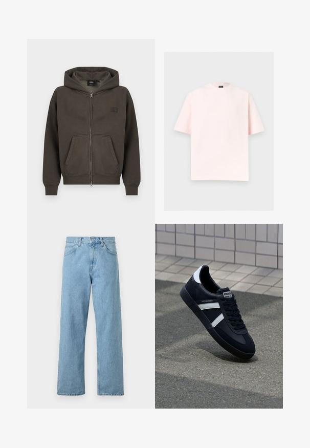 Donkerbruine hoodie met ritssluiting, voorzakken, geribbelde boorden en een capuchon, met een klein zwart Vans-logo op de borst.; Lichtroze T-shirt met korte mouwen en ronde hals, rechte zoom, getoond tegen een effen lichtgrijze achtergrond.; Lichtblauwe denim jeans met een rechte pasvorm, vijf zakken, knoop- en ritssluiting, en een iets vervaagde afwerking.; Zwarte leren sneaker met witte strepen, een gestructureerde rubberen zool en vetersluiting aan de voorkant. Voorzien van een merklabel op de tong.