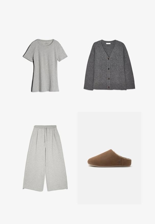 Grijze gebreide cardigan met een V-hals, vijf bruine knopen aan de voorkant, geribbelde manchetten en zoom. Gelaagd stof met een zachte uitstraling.; Effen lichtgrijs T-shirt met korte mouwen en ronde hals, plat gelegd met een lichte schaduw op een witte achtergrond.; Lichtgrijze broek met wijde pijpen, een elastische tailleband, trekkoord, zijzakken en een losse, ontspannen pasvorm.; Bruine suède instappersloffen met een zachte schapenvachtvoering en een platte zool, ontworpen voor comfort binnenshuis.