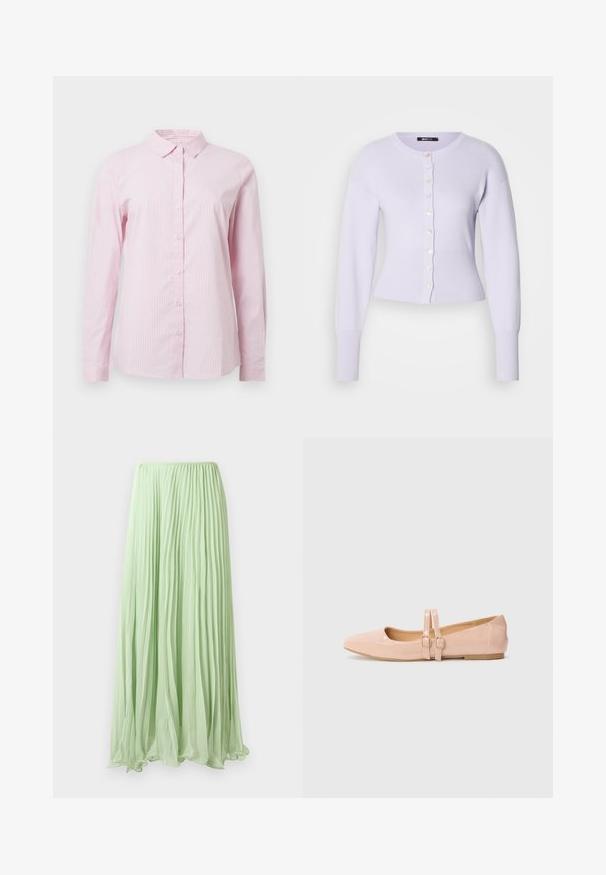 Lyselilla cardigan med rund halsudskæring, lange ærmer, ribbet kant og knaplukning foran med små, runde knapper. Blød strikket tekstur.; Lyserød stribet skjorte med krave, lange ærmer og knaplukning foran. Fremstillet af letvægtsstof med en glat tekstur.; Lys grøn plisseret lang skirt lavet af let stof med elastisk talje, præsenteret mod en hvid baggrund.; Sart rosa patentlæder balletflade med spids tå, der har to justerbare remme og en lav, flad gummisål.