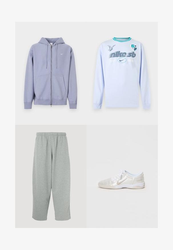 Sudadera con capucha color púrpura claro con cremallera, hecha de tela suave, con cremallera completa, dos bolsillos delanteros y un pequeño logo blanco en el pecho izquierdo.; Camisa de manga larga azul claro con rayas turquesa en el cuello, texto gráfico "nike sb EST. 2002", logo de Nike, ilustración de pájaro y escudo con cuatro iconos en el pecho.; Pantalones deportivos gris claro con cintura elástica, diseño de pernera ajustada y textura suave. Sin marcas visibles ni patrones.; Zapatillas deportivas plateadas claras con un upper liso y brillante, paneles cosidos, cordones blancos y acentos beige en el talón y el logo.