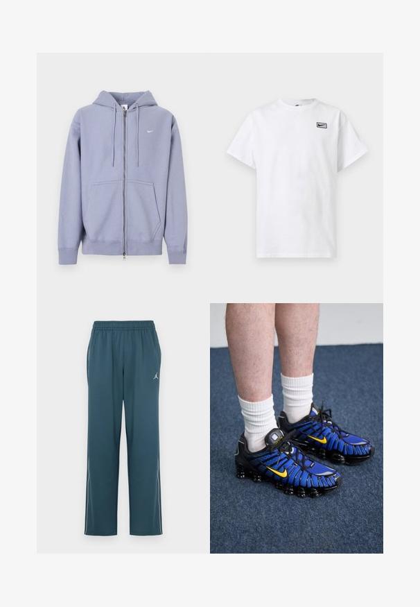 Lys lilla hættetrøje med lynlås lavet af blødt stof, med fuld lynlås, to forlommer og et lille hvidt logo på venstre bryst.; Hvid T-shirt med korte ærmer og rund hals med lille sort Nike swoosh-logo i en rektangel på venstre bryst.; Mørk teal atletiske bukser med elastisk talje, to sidelommer, hvide sidelommer og et lille logo på venstre lår.; Blå og sorte sportssko har et mesh-design, gule accenter og en segmenteret sål. Bæres med hvide ankelstrømper.