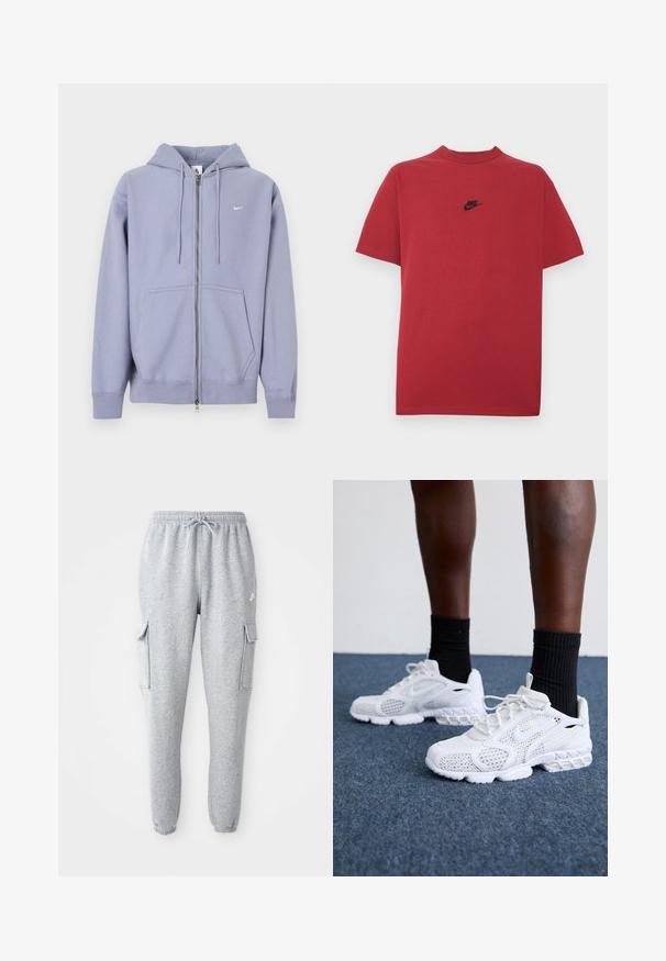 Hellviolette Kapuzenjacke zum Reißverschluss, aus weichem Stoff, mit durchgehendem Reißverschluss, zwei Vordertaschen und kleinem weißen Logo auf der linken Brust.; Rotes Baumwoll-T-Shirt mit schwarzem Nike-Logo auf der Brust, kurzen Ärmeln, rundem Ausschnitt und normaler Passform. Glatte Textur.; Graue Sweatpants aus weichem Material, mit elastischem Bund und Kordelzug, zwei seitlichen Cargo-Taschen und schmal zulaufenden Bündchen.; Weiße Sportschuhe mit Mesh-Obermaterial, strukturierten Akzenten und gepolsterter Sohle. Kombieirt mit schwarzen gerippten Knöchelsocken auf einer blauen Teppichoberfläche.