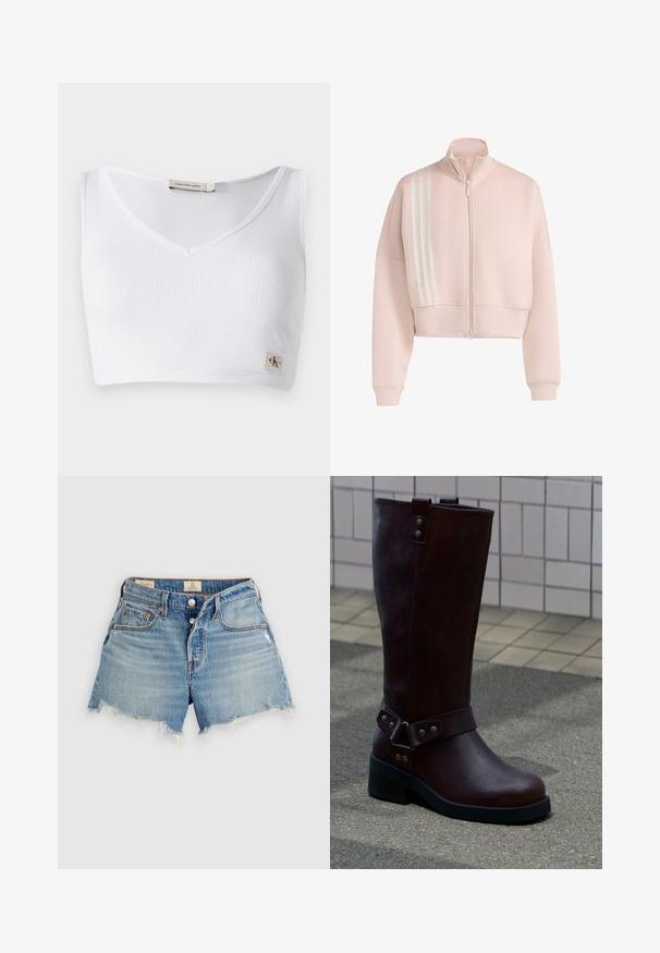 Gekürzte rosa Zip-up-Jacke aus weichem Material, mit drei weißen Streifen auf der linken Schulter und gerippten Bündchen.; Weißes, geripptes Bralette mit V-Ausschnitt, breiten Schulterträgern und einem kleinen Logofähnchen am Saum. Hergestellt aus einem weichen, elastischen Material.; Hellblaue High-Waist-Jeansshorts mit ausgefransten Säumen, Knopfleiste und Fronttaschen vor einem schlichten hellen Hintergrund.; Dunkelbrauner Lederstiefel bis zur Mitte der Wade mit schwarzer Sohle und silbernen Nieten, auf einem Außenpflaster in der Nähe einer gefliesten Wand platziert.